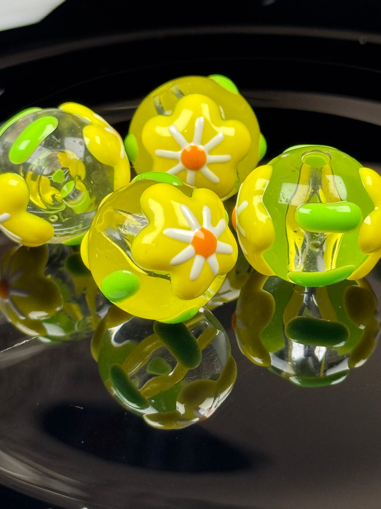 Set of 4 Hand Painted Yellow Flower Acrylic Beads