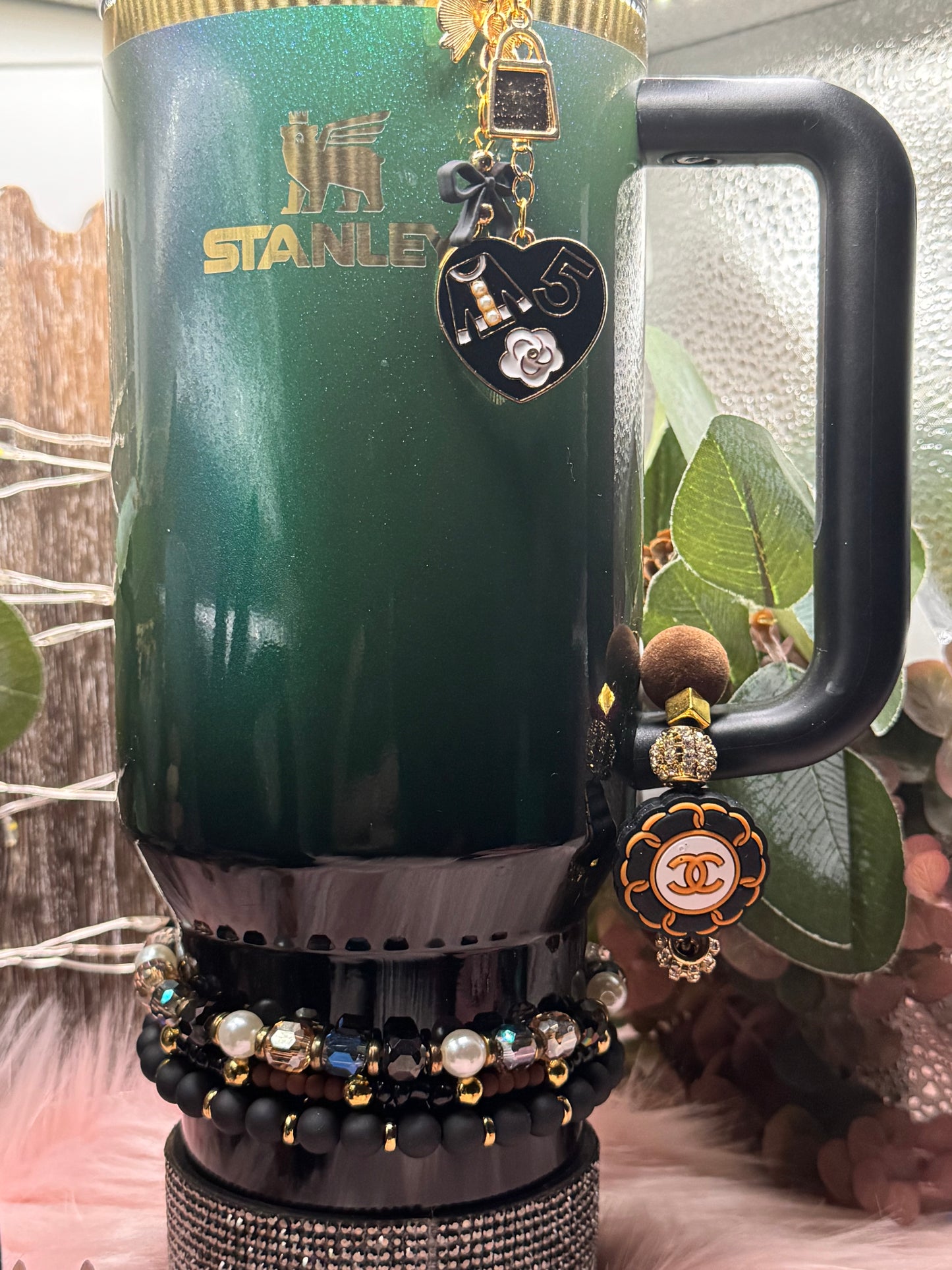 Designer bracelet stack, handle ring and straw dangle
