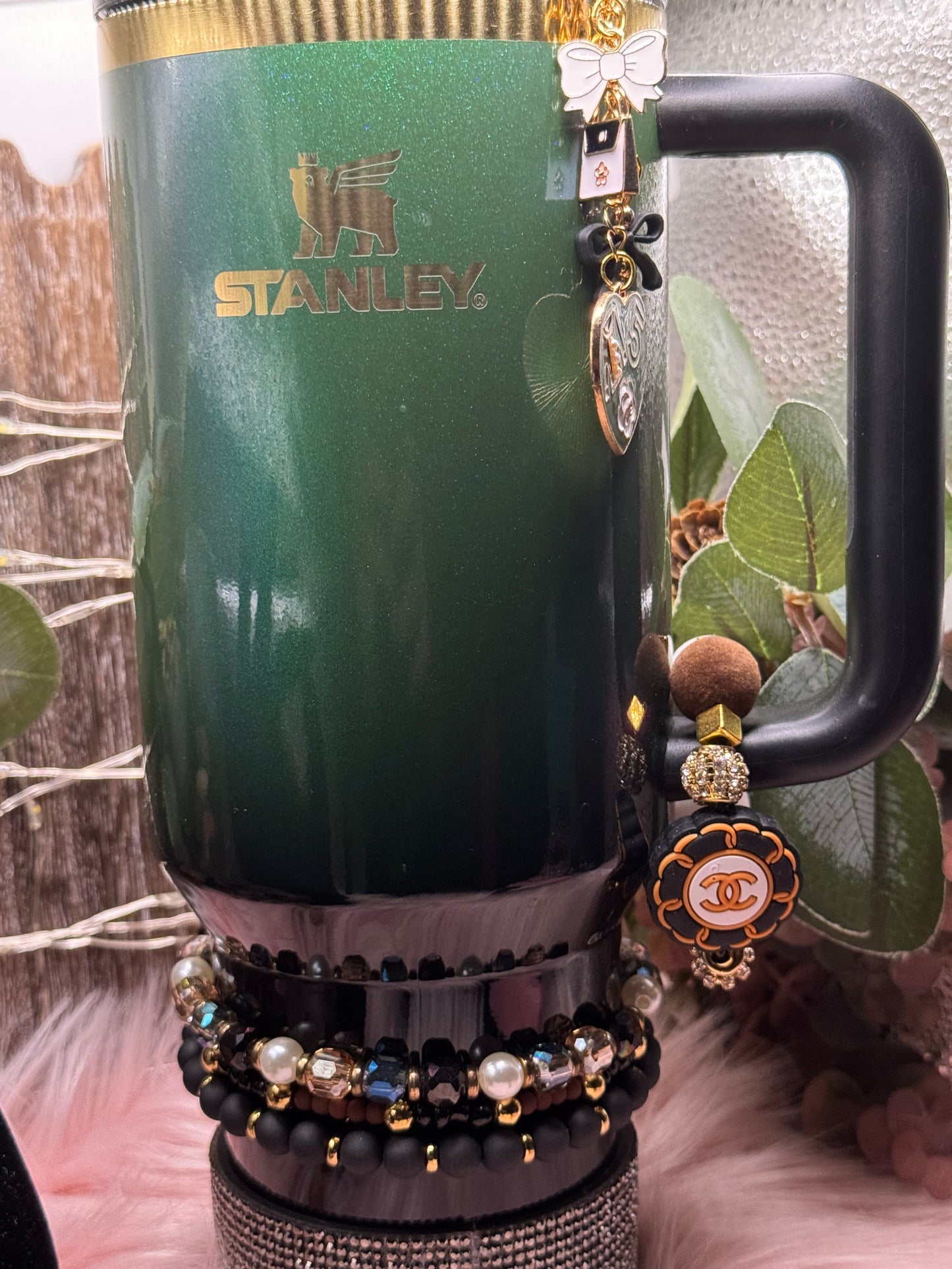 Designer bracelet stack, handle ring and straw dangle