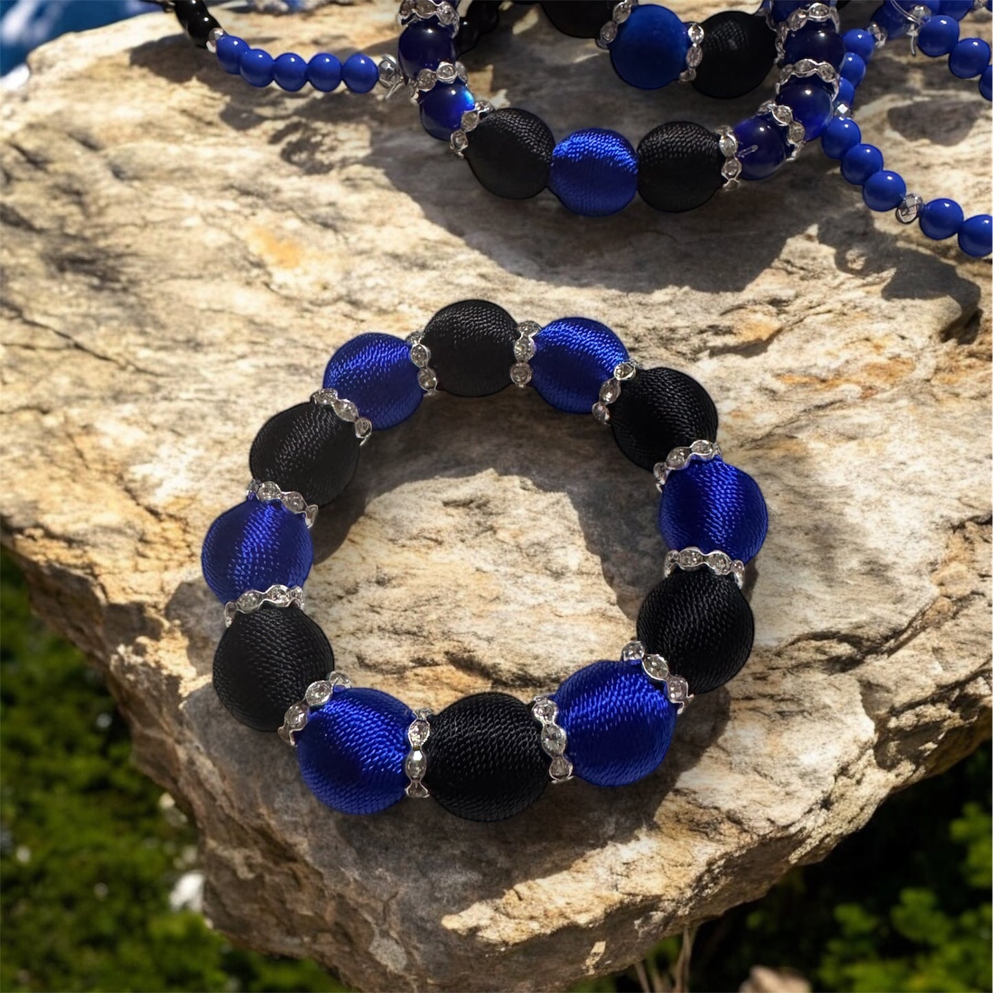 Thin Blue Line Threaded and Rhinestone Bracelet