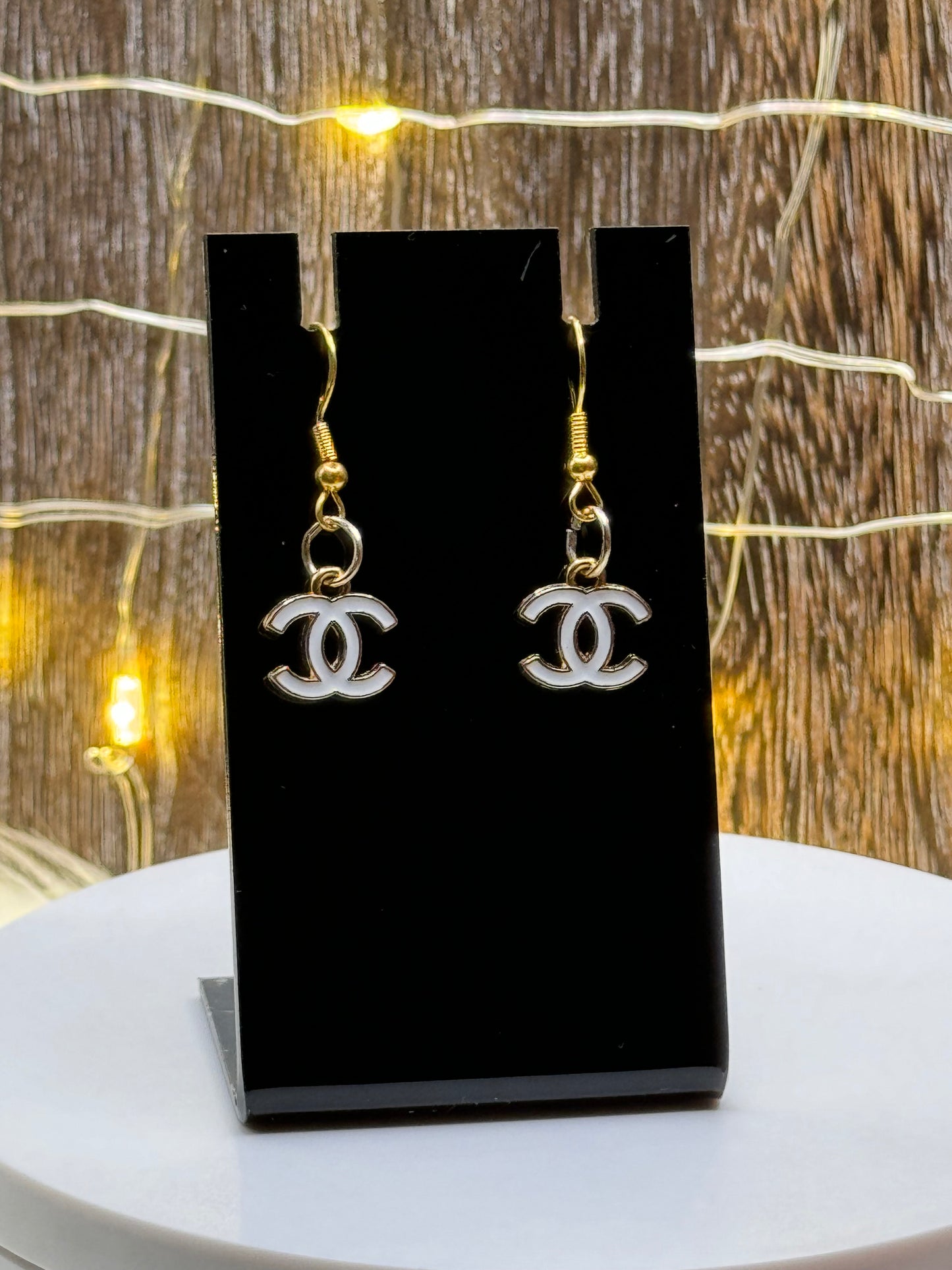 White CC Dangle Earrings