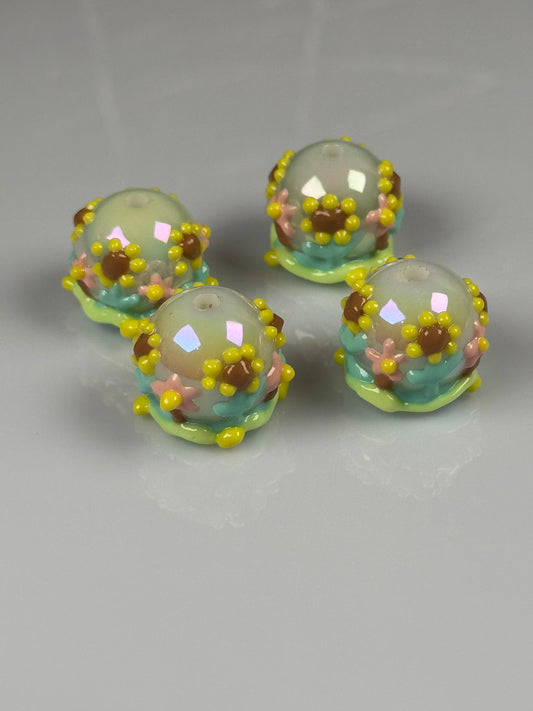 Hand Painted Yellow Brown Flower Acrylic Beads