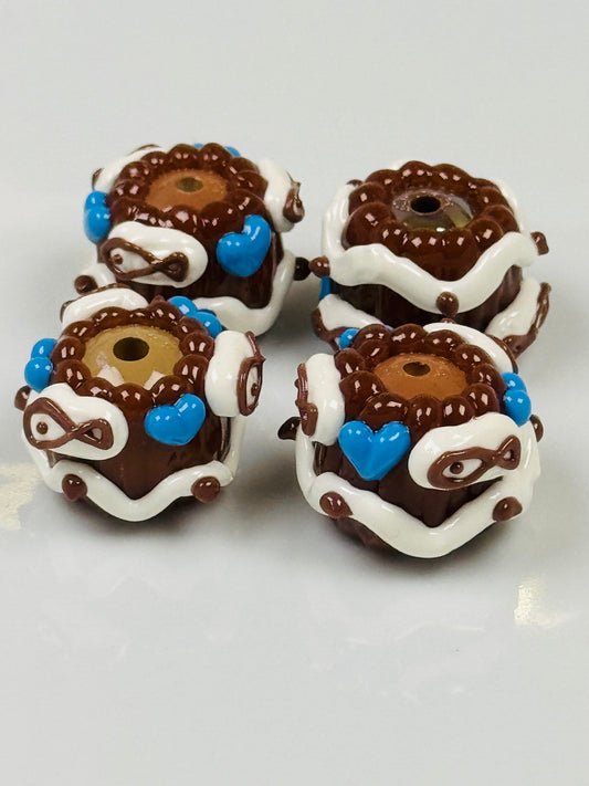 Hand Painted Brown and Blue Hearts Acrylic Beads