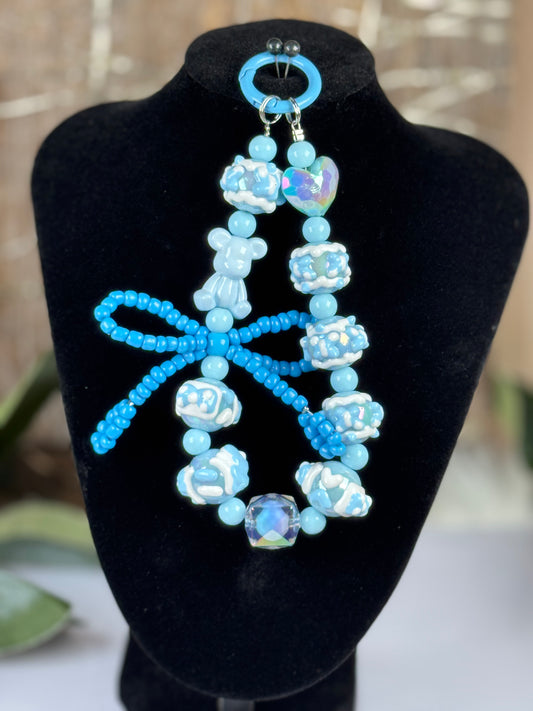 Hand Painted Blue White Acrylic Bear and Beaded Keychain