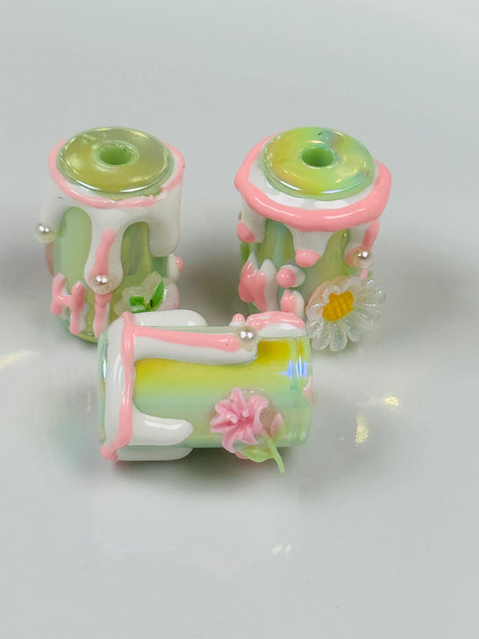 Hand Painted Acrylic Pink and White Cylinder Drum Beads
