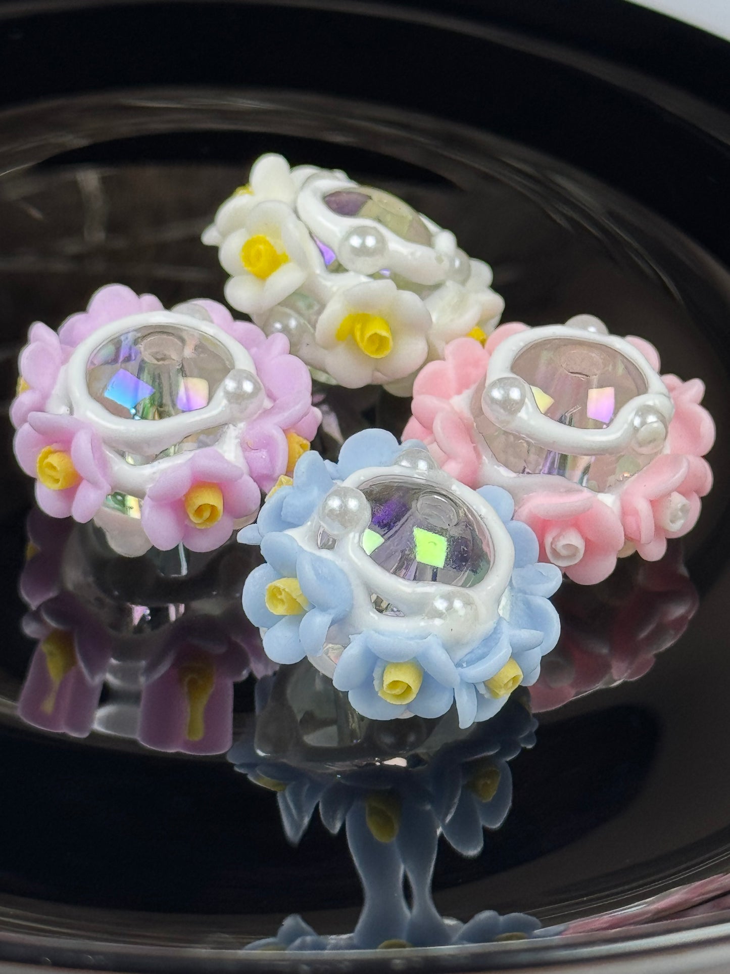 Hand Painted Clear Beads Encrusted with Flowers