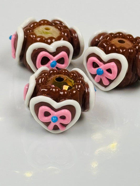 Hand Painted Brown Small Pink Bow Acrylic Beads