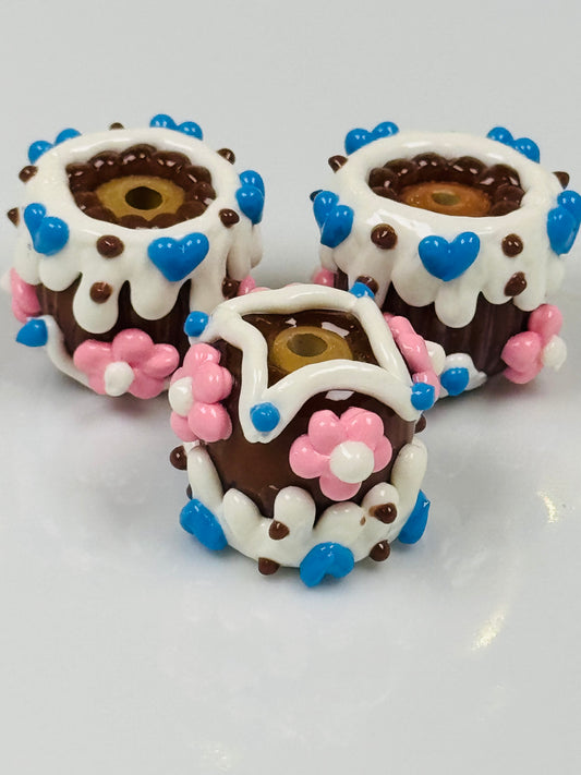 Hand Painted Brown Pink Flower Acrylic Beads