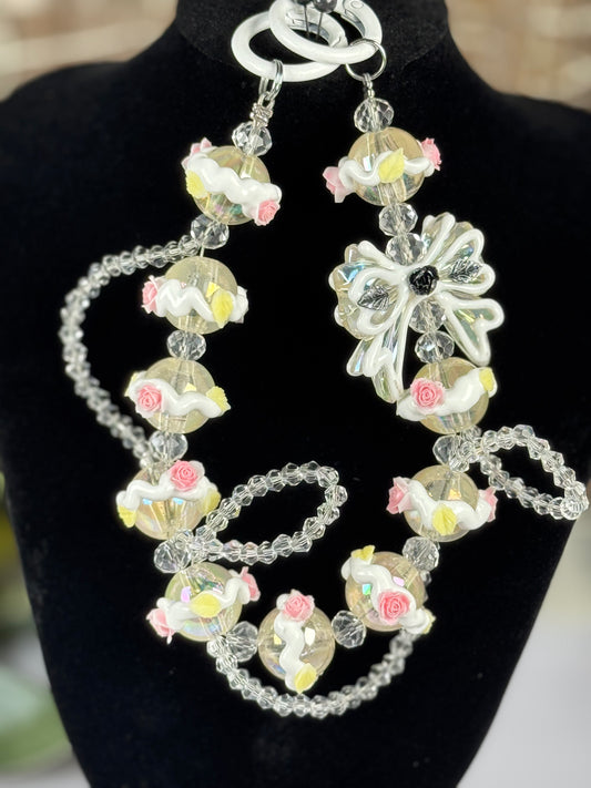 Hand Painted Clear Acrylic Beaded Bow and Flower Keychain