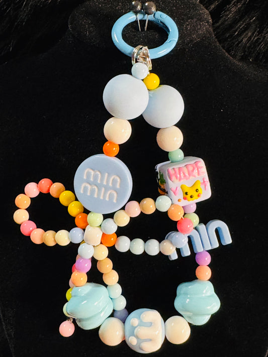 Hand Painted Acrylic Bunny and Ice Cream Beaded Keychain