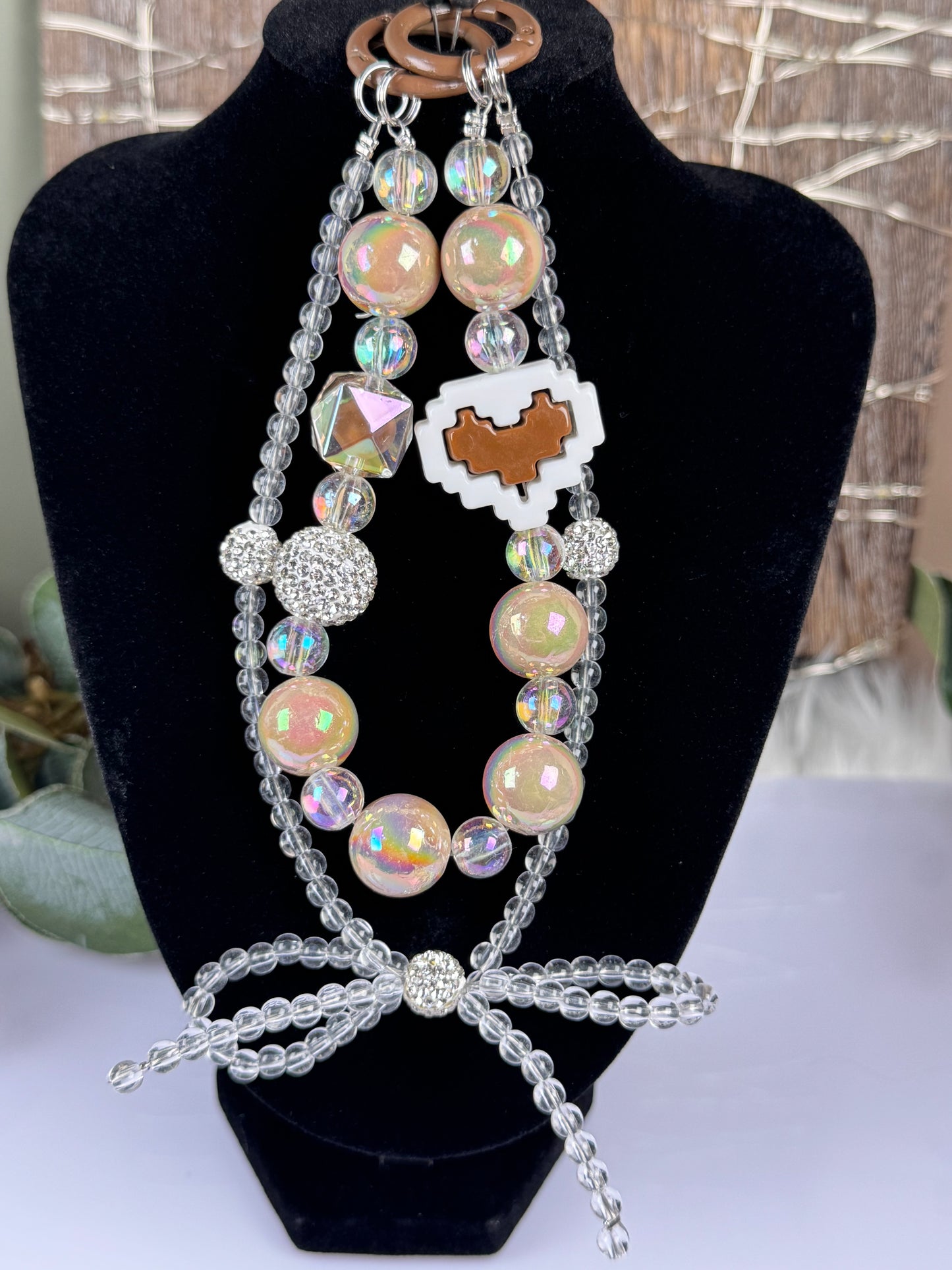 Clear Brown Double Heart Acrylic Beaded Keychain