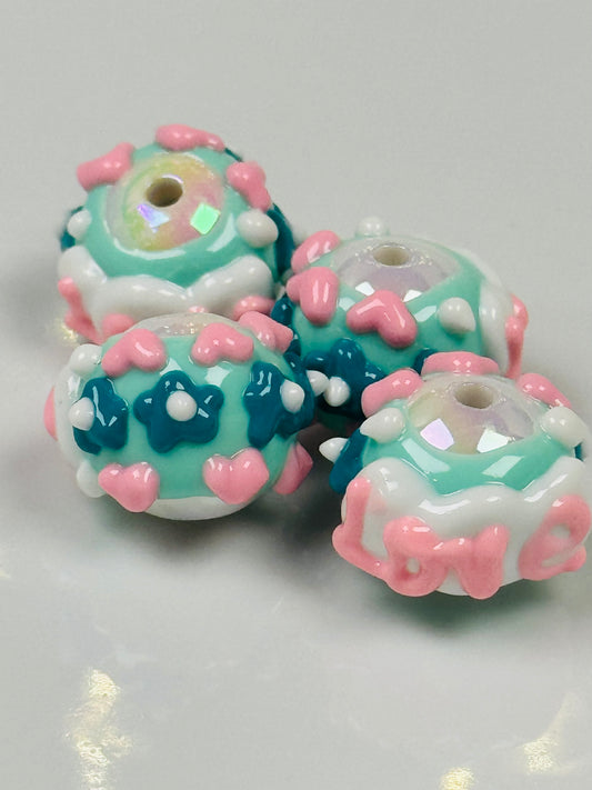 Hand Painted Teal with Pink Flower Acrylic Beads