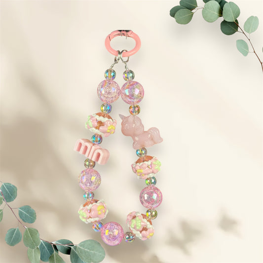 Hand painted pink and white unicorn acrylic beaded Keychain