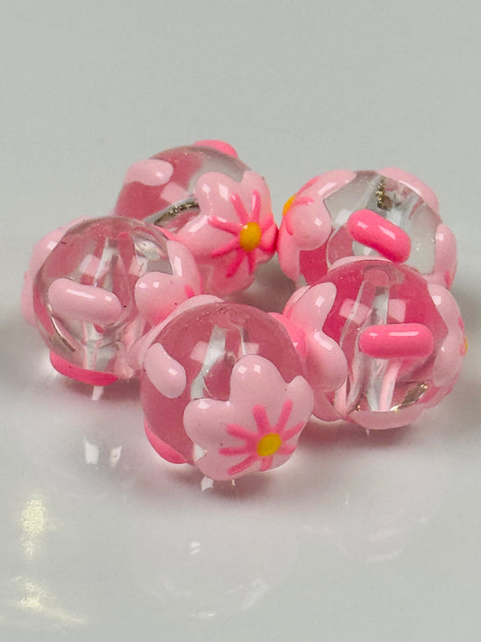 Hand painted acrylic flowers beads in a set of 5