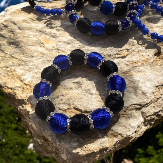 Thin Blue Line Threaded and Rhinestone Bracelet