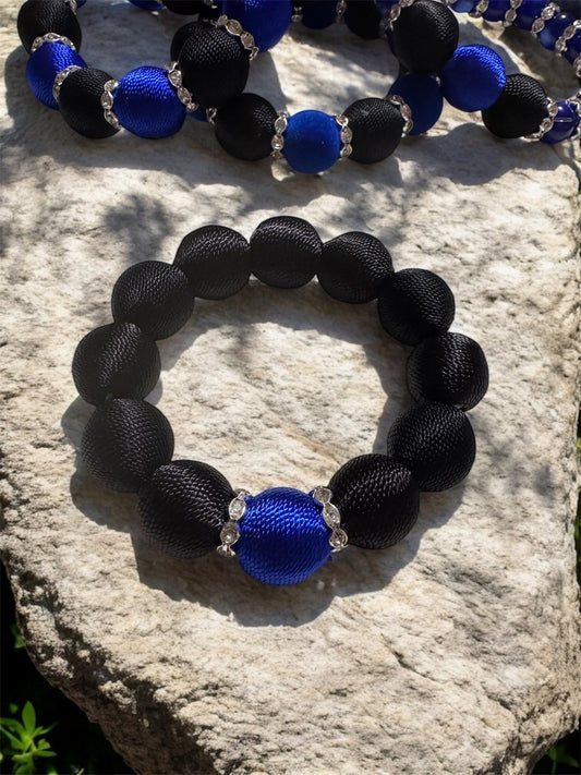 Thin Blue Line Threaded and Rhinestone Bracelet
