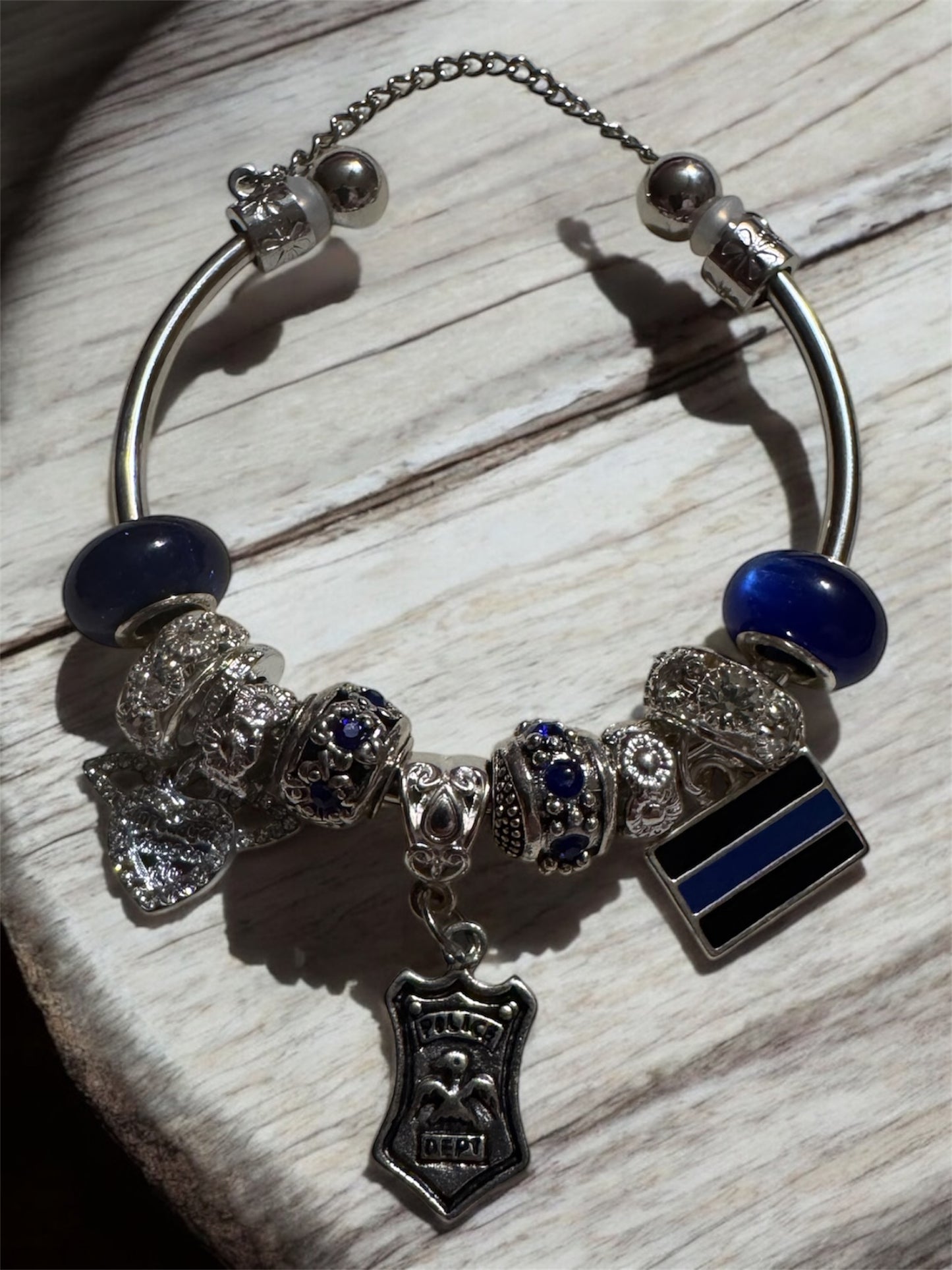 Thin Blue Line Rhinestone Flag Cuff Bracelet