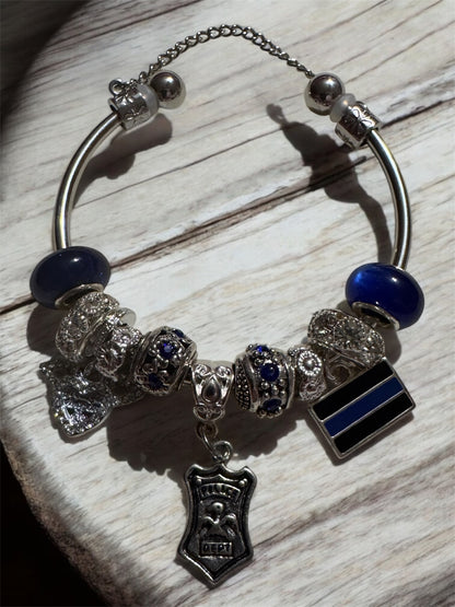 Thin Blue Line Rhinestone Flag Cuff Bracelet