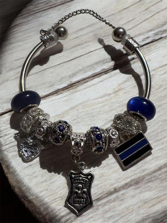 Thin Blue Line Rhinestone Flag Cuff Bracelet
