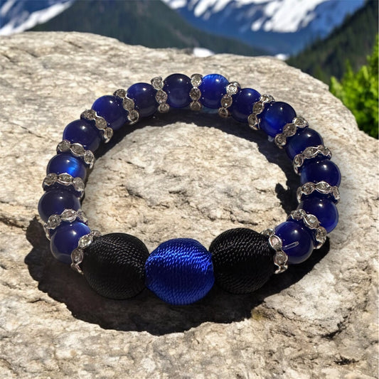 Thin Blue Line Threaded, Tiger Eye and Rhinestone Bracelet