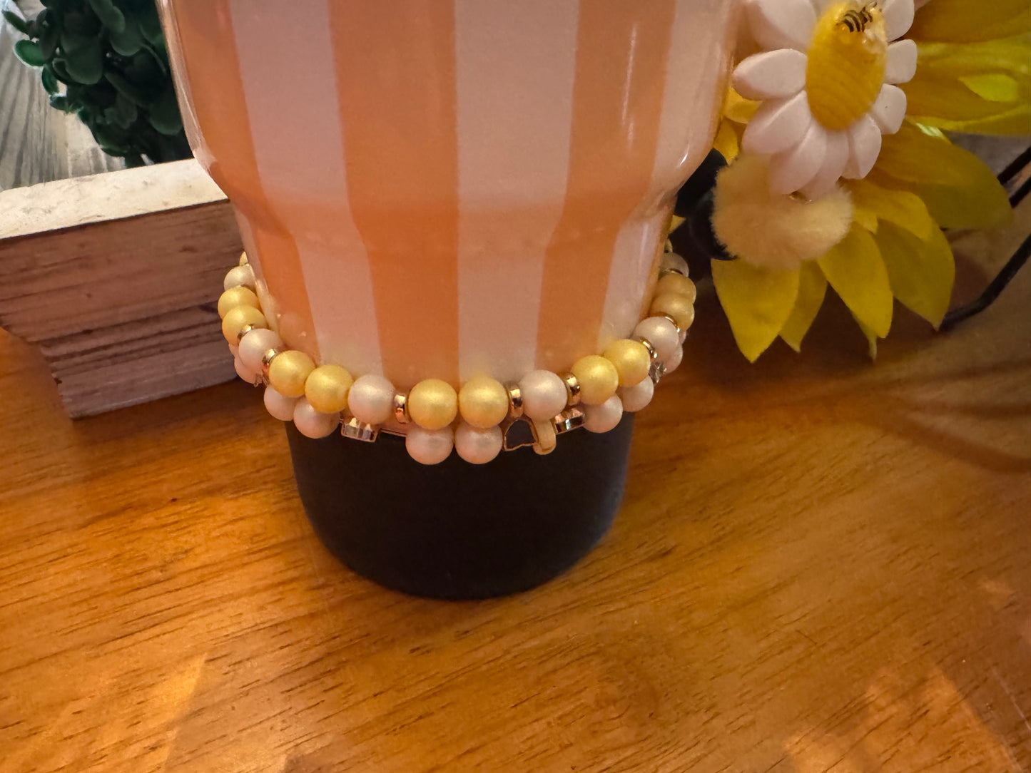 Yellow and White Bee Bow, Bracelet Stack and Handle Ring