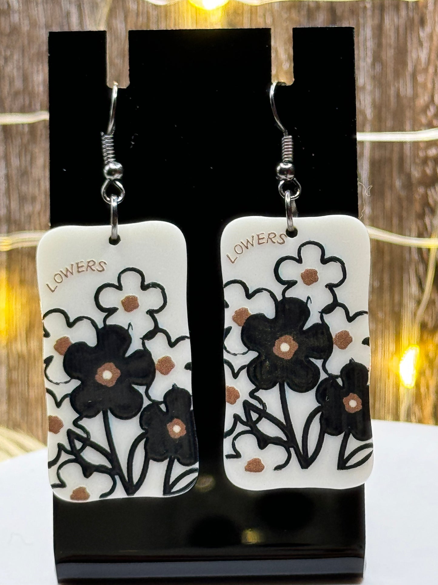 Black and Cream Flower Dangle Earrings